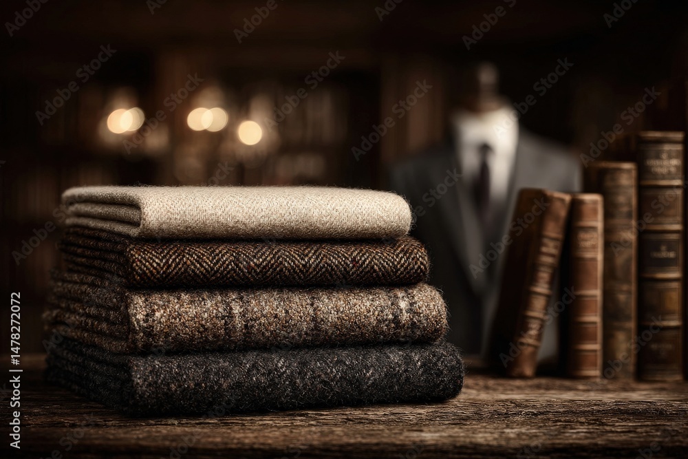 Soft wool fabrics in various shades sit neatly stacked on a rustic wooden table. The background features old books and a tailored suit, creating a sophisticated, warm atmosphere in dim lighting.