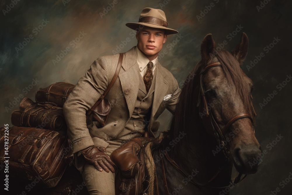 A man in elegant attire sits confidently on a horse, surrounded by travel bags. The atmosphere is rich and dramatic, hinting at an adventurous journey. The man exudes charm and poise.