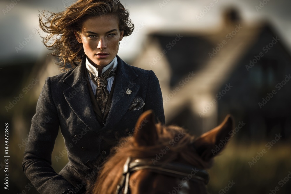 A confident woman sits atop a horse, dressed in a tailored outfit, gazing directly at the camera. The rustic background features blurred structures and a cloudy sky, creating a moody atmosphere.