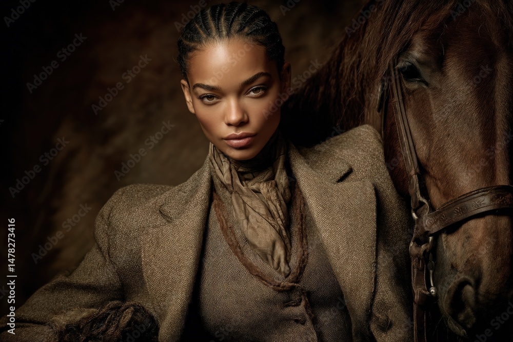 A stylish woman with braided hair stands confidently next to a horse, both set against a rich, dark background. She wears a finely tailored outfit, showcasing a strong yet graceful presence.
