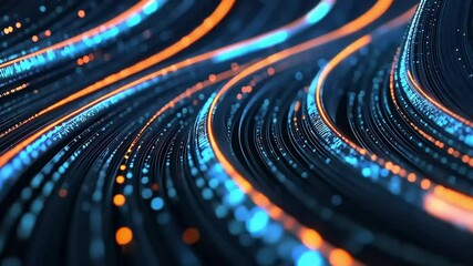 Wavy lines of glowing blue and orange particles flow on a dark background, creating a sense of digital energy