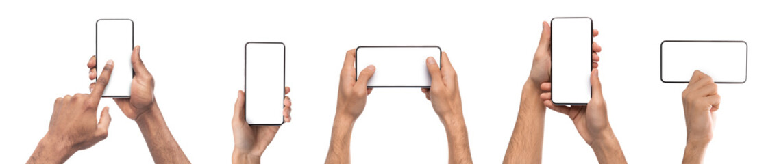 Device Demonstration. Collection of male hands holding mobile phone with empty screen in different orientations isolated on white background, panorama, banner. Man using cell with free copy space