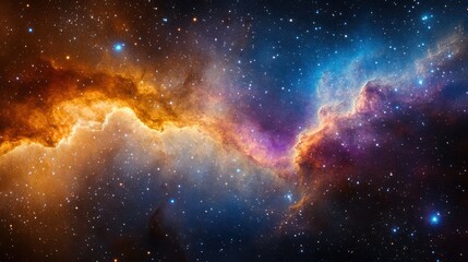 Vibrant cosmic nebula with glowing orange, purple and blue gases surrounded by countless bright stars in deep space