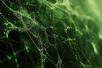 Intricate spiderweb network on a dark green background