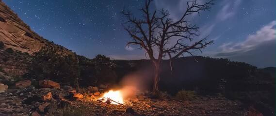 Wall Mural - anamorphic video night in the canyon with relaxing campfire fire burning