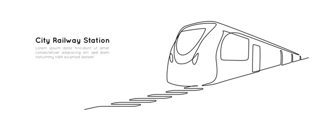 Poster - Train and railway station in one continuous line drawing. Metro and subway symbol in simple linear style. Express railroad concept in editable stroke. Doodle vector illustration