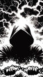 © Ross - Mysterious hooded figure holding chains with dramatic lightning storm background vector illustration dark fantasy concept art graphic novel style monochrome artwork