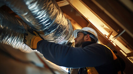 Wall Mural - HVAC Technician Installing Ductwork in Attic