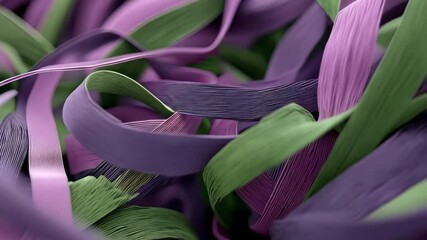 Abstract close-up of intertwined textured ribbons in green and purple hues forming a colorful and dynamic background composition