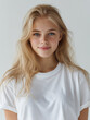 © AI Art - blonde girl with no makeup, pretty eyes with big iris, white t-shirt, half body photography