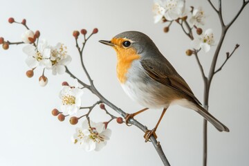 Naklejka na meble A robin perches on a blossoming plum branch, facing left. Use this for nature, spring, or avian-themed designs.