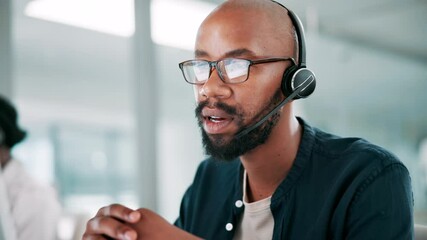 Aufkleber - Call center, computer and man in office talking for customer service, crm support and consulting. Professional, communication and business person with headset for contact us, online help and advice