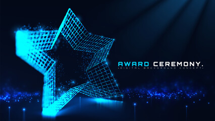 Wall Mural - award ceremony background with blue glowing digital grid in star shape with glittering lights and bo