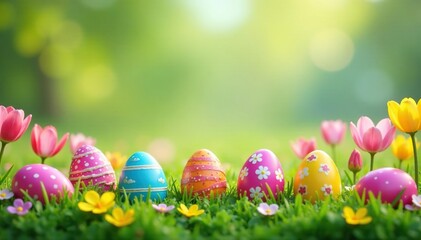  A colorful Easter egg hunt scene with decorated eggs hidden in spring flowers and grass , spring event, Easter