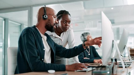 Poster - Training, manager and smile for customer service, call center and help for telemarketing, talking and happy. Collaboration, employee and people with tech for sales, conversation and explaining info
