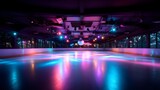 Roller skating rink with disco lighting empty floor space awaiting skaters under vibrant neon ambiance