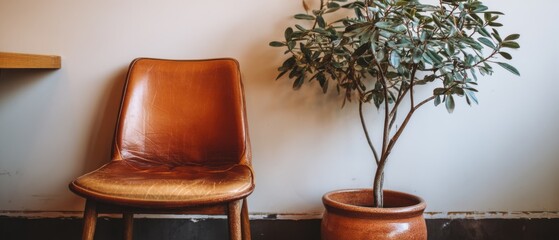 Aufkleber - Interior Still Life of Leather Chair and Plant in Pot Against Wall in Natural Light Studio Setting