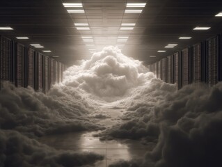 Fototapete - Data center servers filled with clouds conceptual view servers and cloud computing technology in a modern data center from low angle