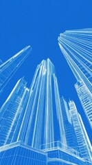 Poster - Blueprint Skyscrapers Ascending from Low Angle Perspective in Urban Cityscape on Blue Background