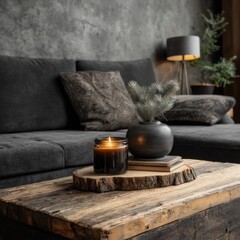 Poster - Cozy living room interior with candle and vase on rustic wood table in moody light home decor still life