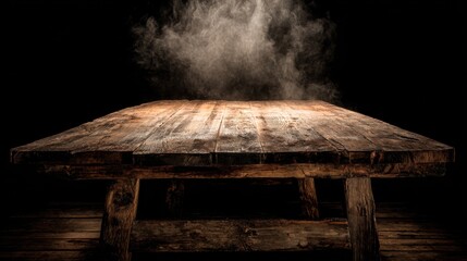 Aufkleber - Rustic wooden table with smoke in dark studio setting low angle product placement background