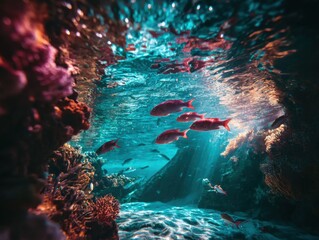 Poster - School of red fish swimming in coral reef underwater with sun rays shining through the water surface marine life ocean view
