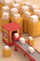 Fototapete - Abstract isometric factory conveyor belt producing cubes, soft pastel colors, stylized 3D render, creative concept