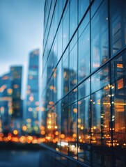 Poster - Modern architecture reflecting city lights at dusk; close up of glass building facade in urban environment at twilight