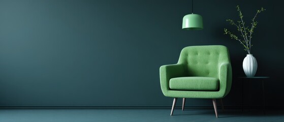 Poster - Green Armchair in Minimalist Interior Design Studio Shot with Lamp and Vase of Branches Against Dark Blue Wall