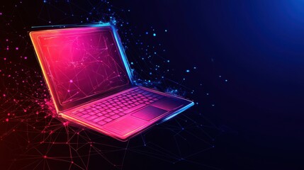 Neon Laptop Displaying Data Network Connection in Studio Shot for Futuristic Technology Concept