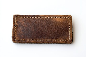 Rustic brown leather label with cream stitching on a white background. Use as a name tag or element for design projects.