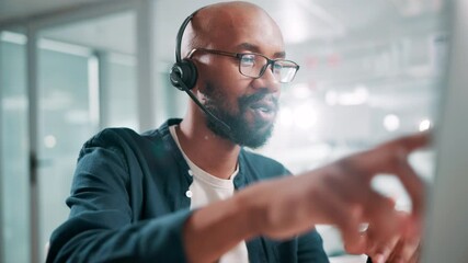 Aufkleber - Call center, computer and black man in office talking for customer service, crm support and consulting. Business, communication and happy person with headset for contact us, online help and advice