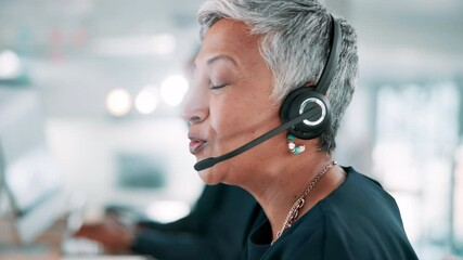 Aufkleber - Call center, business and mature woman in office talking for customer service, crm support and consulting. Professional, communication and person with headset for contact us, online help and advice