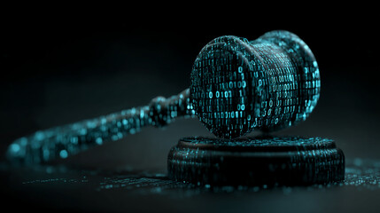 Digital law and cyber security concept with binary code gavel for online legal services and justice system