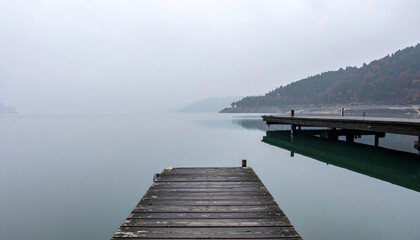 Wall Mural - serene wooden dock extends into calm, misty lake, surrounded by lush green hills. tranquil atmosphere evokes sense of peace and reflection, perfect for nature lovers