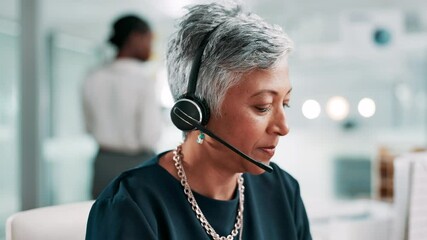 Aufkleber - Headset, contact center and mature woman chat for communication, lead generation or insurance. Sales, telemarketing and consultant in conversation for outbound marketing, call or feedback in office