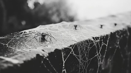 Spiders in a Web on a Stone Surface in Black and White