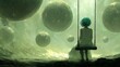 © loxia stock image - Solitary girl on a swing, amidst floating orbs in a surreal, otherworldly landscape