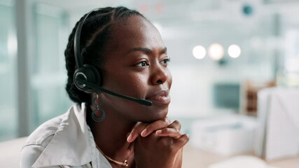 Poster - Call center, black woman and talking on headset for questions, consulting and support with listening. Office, female person and business agent with advice for customer service, crm help and speaking