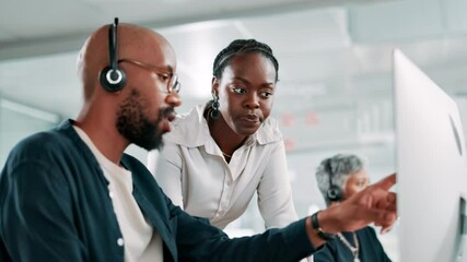 Poster - Team, manager and advice with computer, call center and help for customer service, talking and happy. Training, employee and black people with tech for sales, telemarketing and explaining info