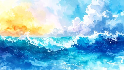 Wall Mural - abstract watercolor background with blue waves and sky