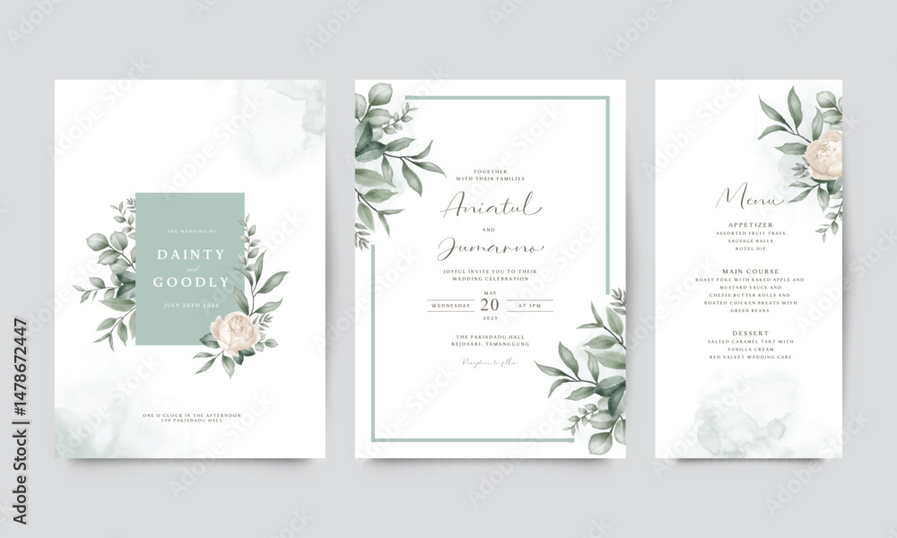 Elegant wedding invitation template set of white roses green leaves ...