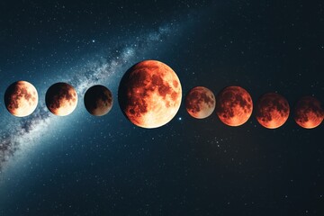 Wall Mural - lunar eclipse phases in starry sky; time lapse photography showing blood moon progression across nig