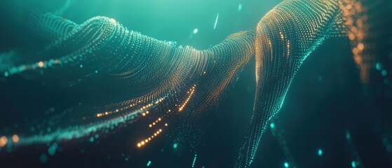 Wall Mural - abstract data stream flowing in teal and gold tones close up shot showing digital network connection