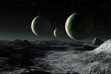 Wall Mural - alien planet landscape with three planets rising over rocky mountains and starry sky in space sci-fi