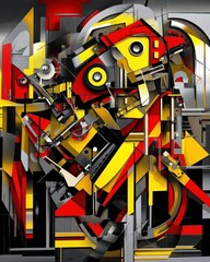 Wall Mural - abstract geometric composition in red yellow and gray cubist style close up modern art piece