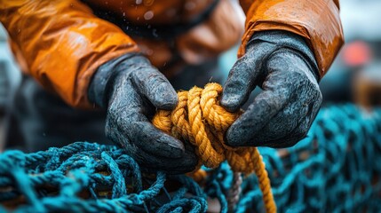 Gloved Hands Tying Knots in Fishing Net