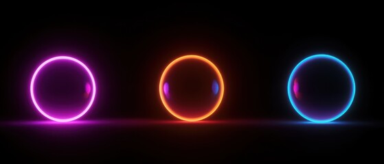 Wall Mural - three neon spheres glowing in dark studio setting abstract still life low angle