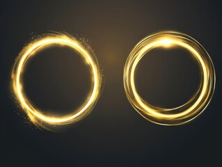 Wall Mural - two golden glowing circles shining on dark background studio shot abstract design element luxury dec