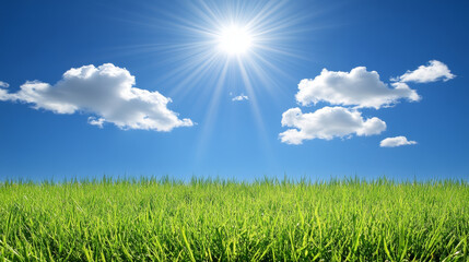 Wall Mural - Bright sun shining over lush green field under clear blue sky with fluffy white clouds, creating serene and vibrant atmosphere